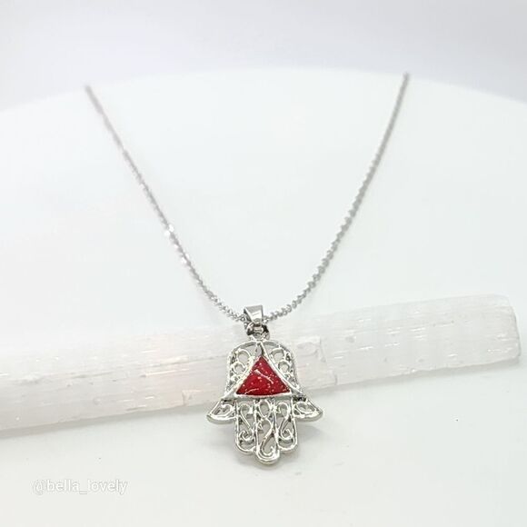 Red Silver Toned Ethnic Hamsa Hand of Fatima Necklace Jewelry Gift - Picture 1 of 2